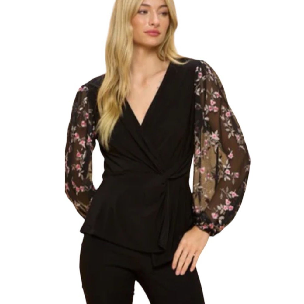 PERCEPTION CONCEPT Black sheer embroidered Long Puff Sleeve V-Neck Blouse L